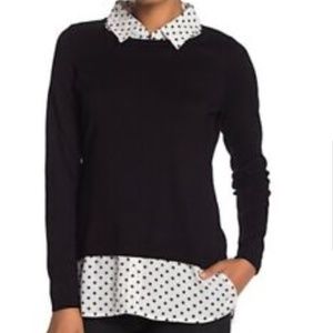 NWT Adrianna Papell Black V-neck Sweater With Polka Dot Collared Shirt Sz M